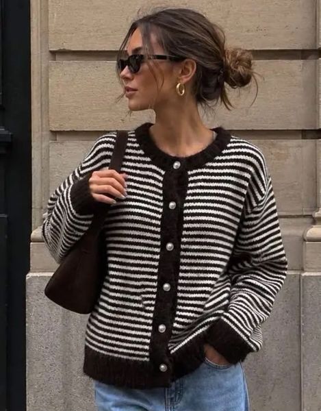 Elodie Striped Cardigan (1195-2099) - Brown - ca. 25 august levering